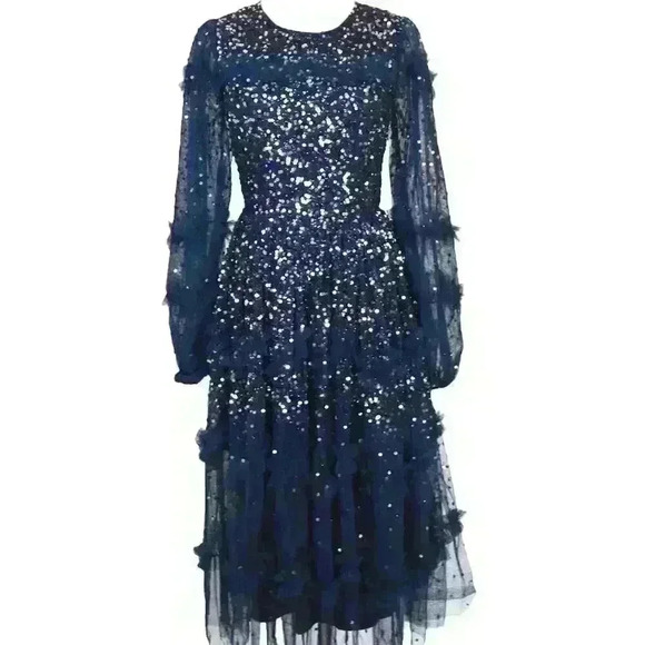 Maya Deluxe Navy Blue Sequin Party Midi Christmas/New Year's Party Dress - Picture 5 of 6